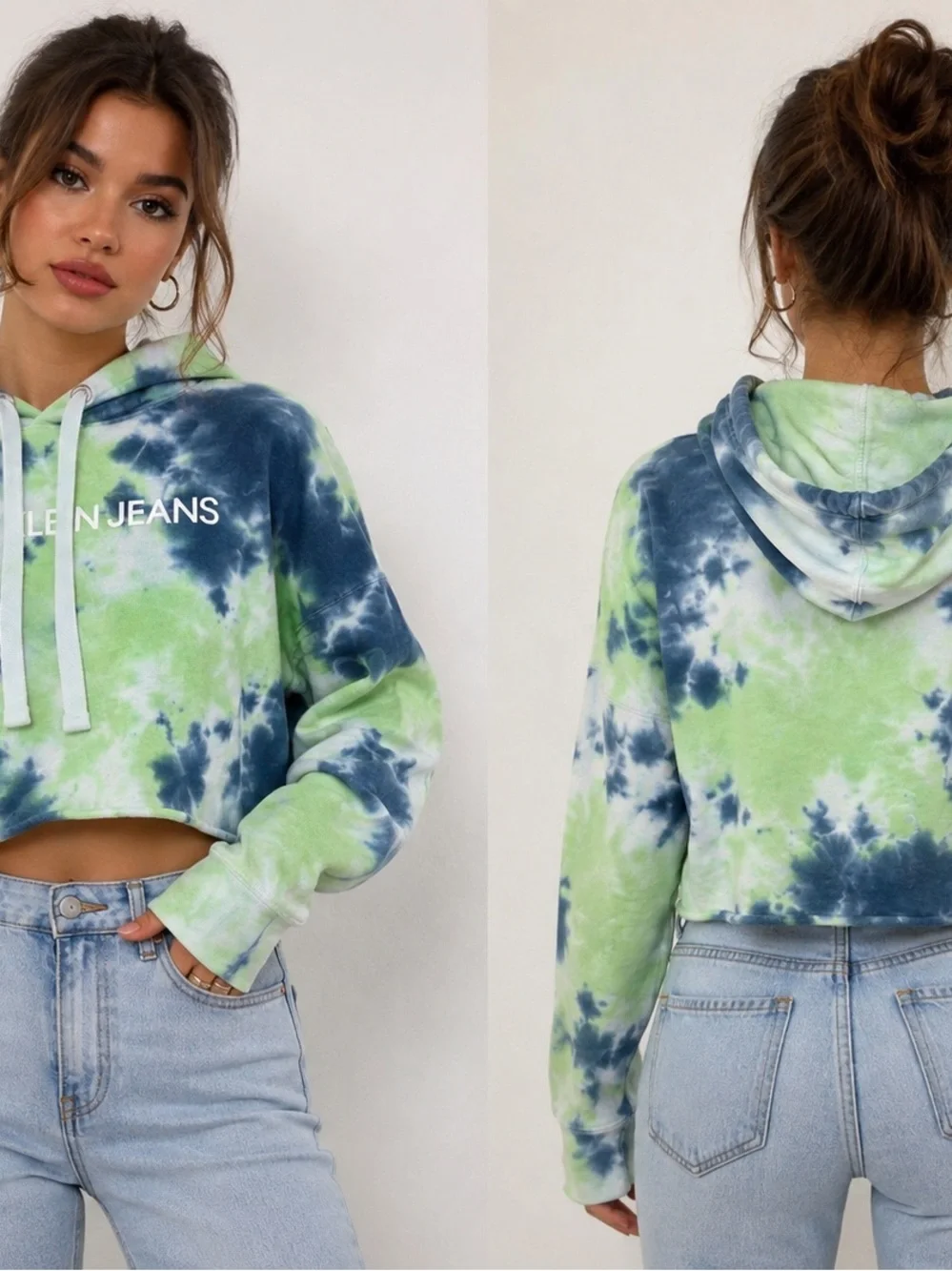 Calvin Klein Jeans Cropped Tie-Dye Hoodie - Lime & Navy